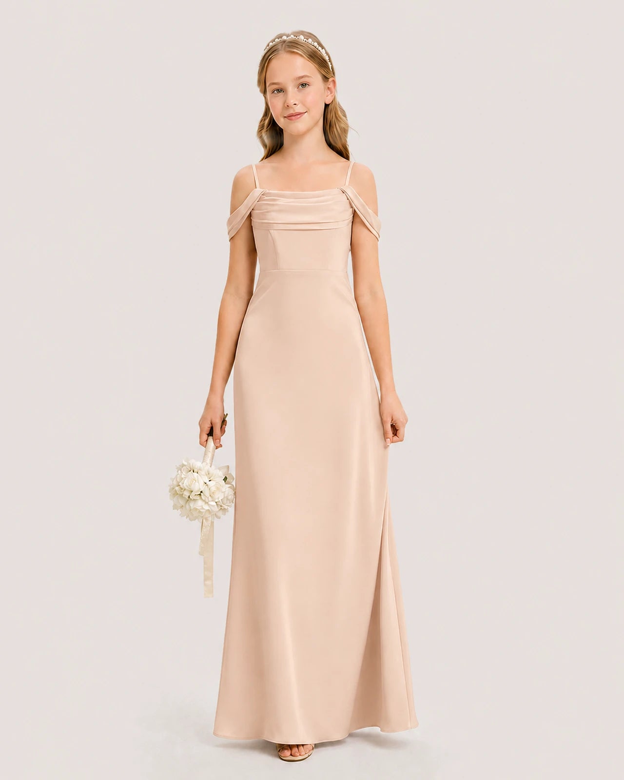 Dideyttawl Off the Shoulder Satin Junior Bridesmaid Dress