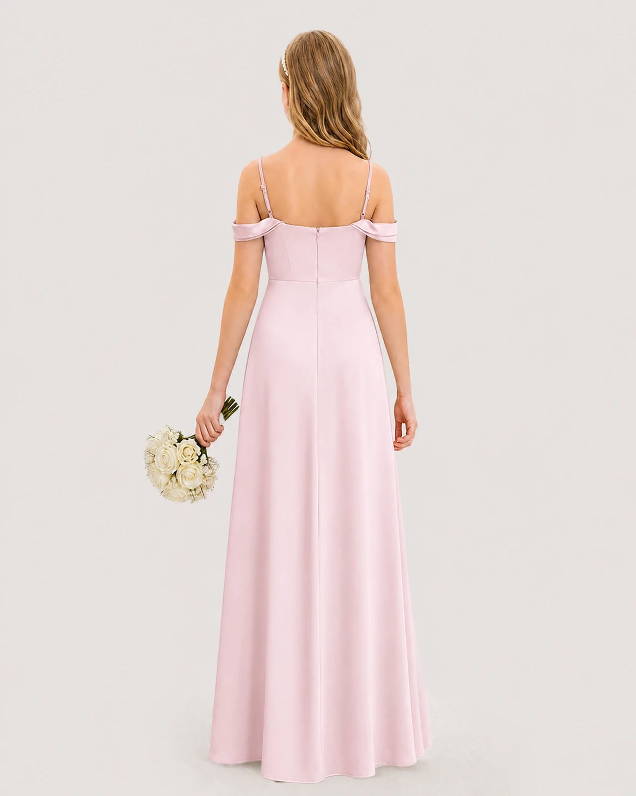 Dideyttawl Off the Shoulder Satin Junior Bridesmaid Dress