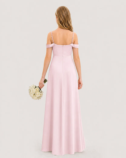 Dideyttawl Off the Shoulder Satin Junior Bridesmaid Dress