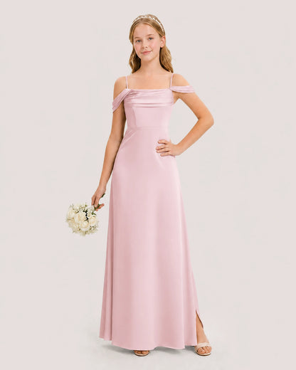 Dideyttawl Off the Shoulder Satin Junior Bridesmaid Dress