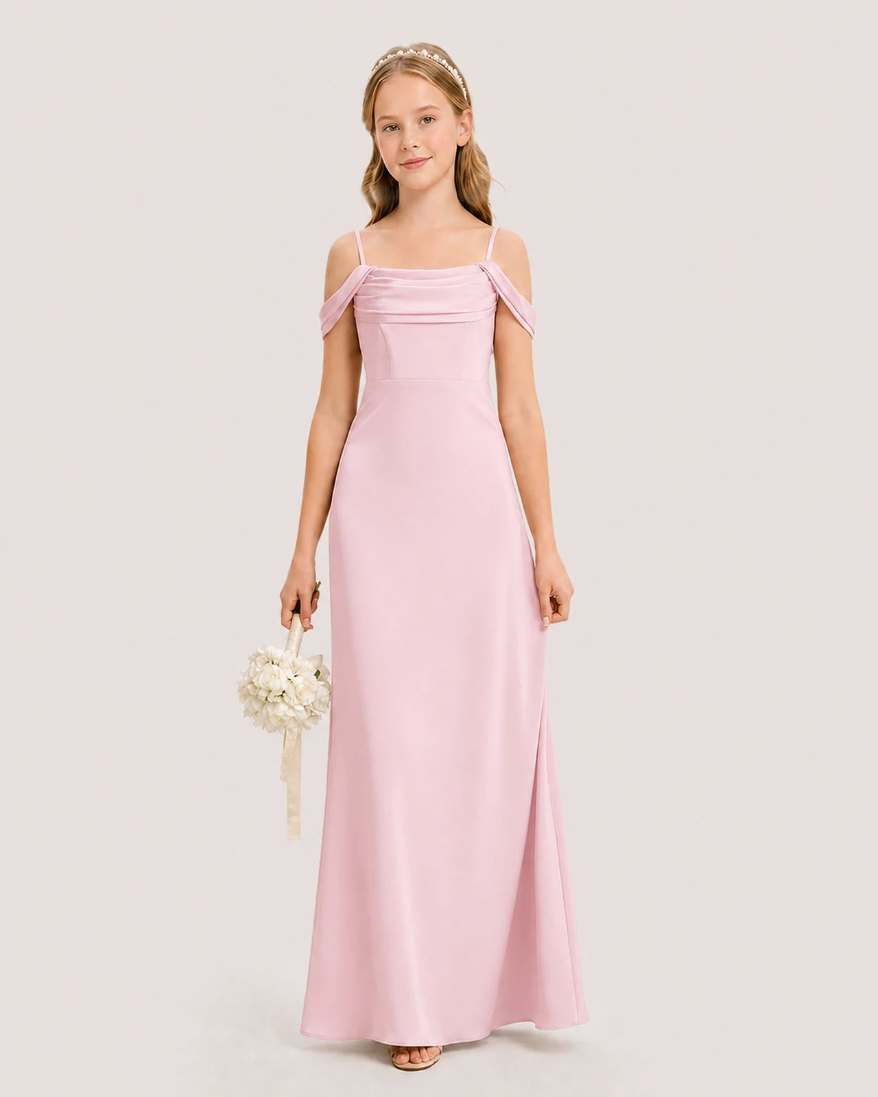 Dideyttawl Off the Shoulder Satin Junior Bridesmaid Dress