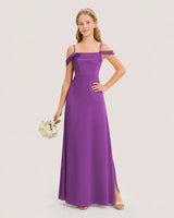 Purple Satin Cold Shoulder A-Line Junior Bridesmaid Dresses Front View