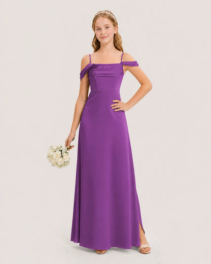 Dideyttawl Off the Shoulder Satin Junior Bridesmaid Dress
