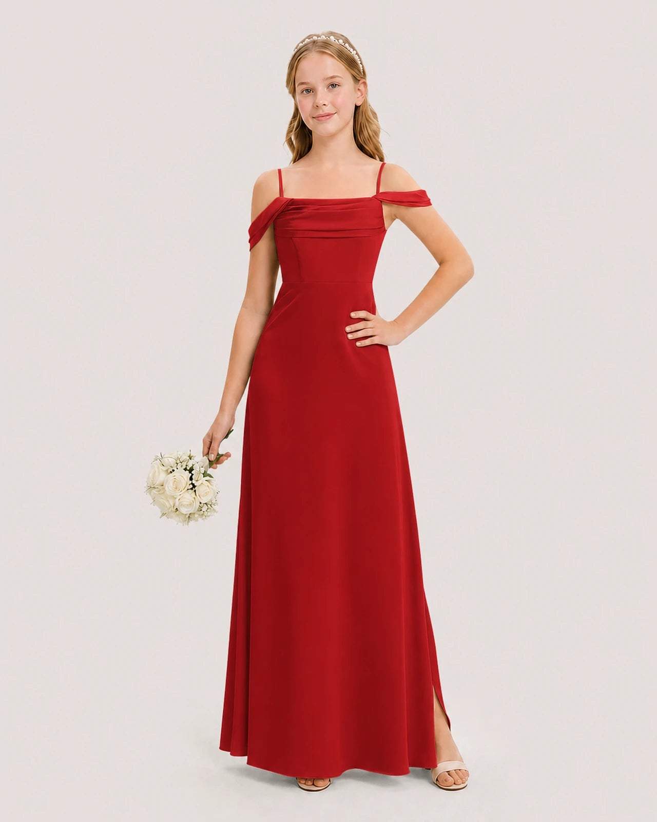 Dideyttawl Off the Shoulder Satin Junior Bridesmaid Dress