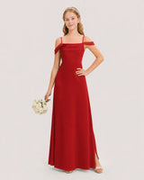 Red Satin Off-The-Shoulder Junior Bridesmaid Dresses Front View