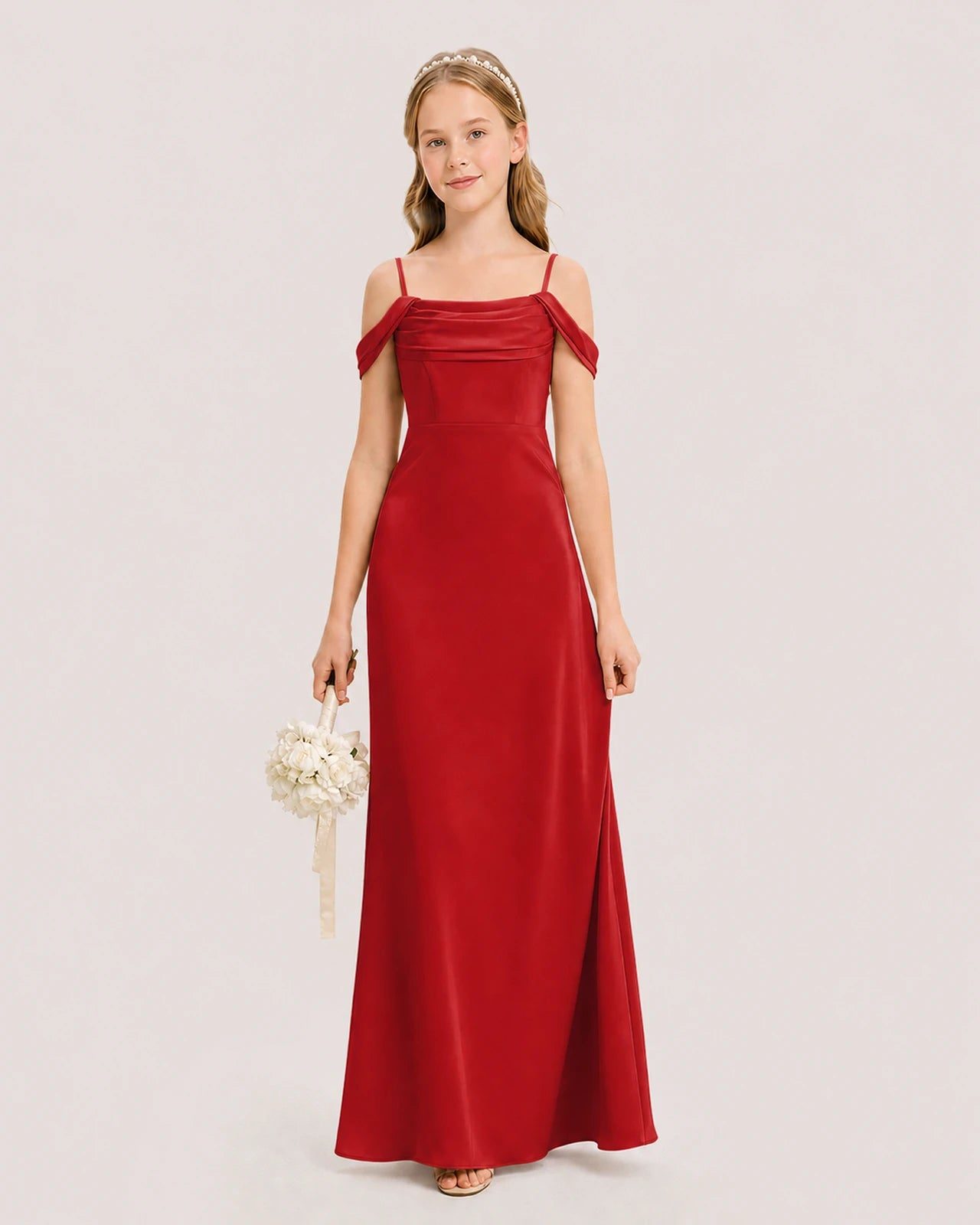 Dideyttawl Off the Shoulder Satin Junior Bridesmaid Dress