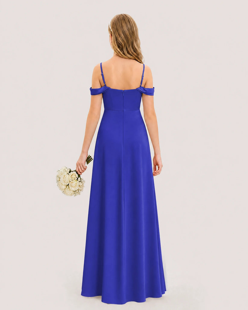 Royal Blue Satin Cold Shoulder A-Line Junior Bridesmaid Dresses Back View