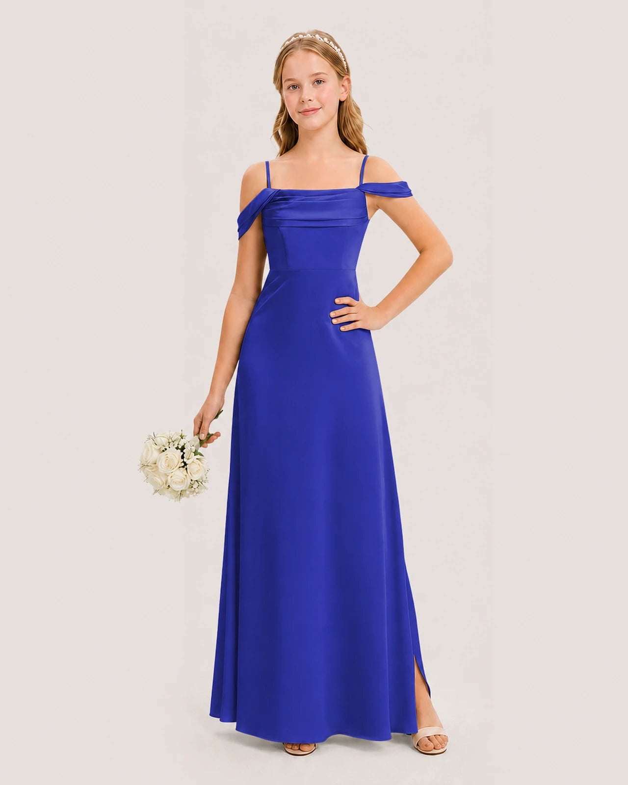 Dideyttawl Off the Shoulder Satin Junior Bridesmaid Dress