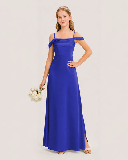 Dideyttawl Off the Shoulder Satin Junior Bridesmaid Dress