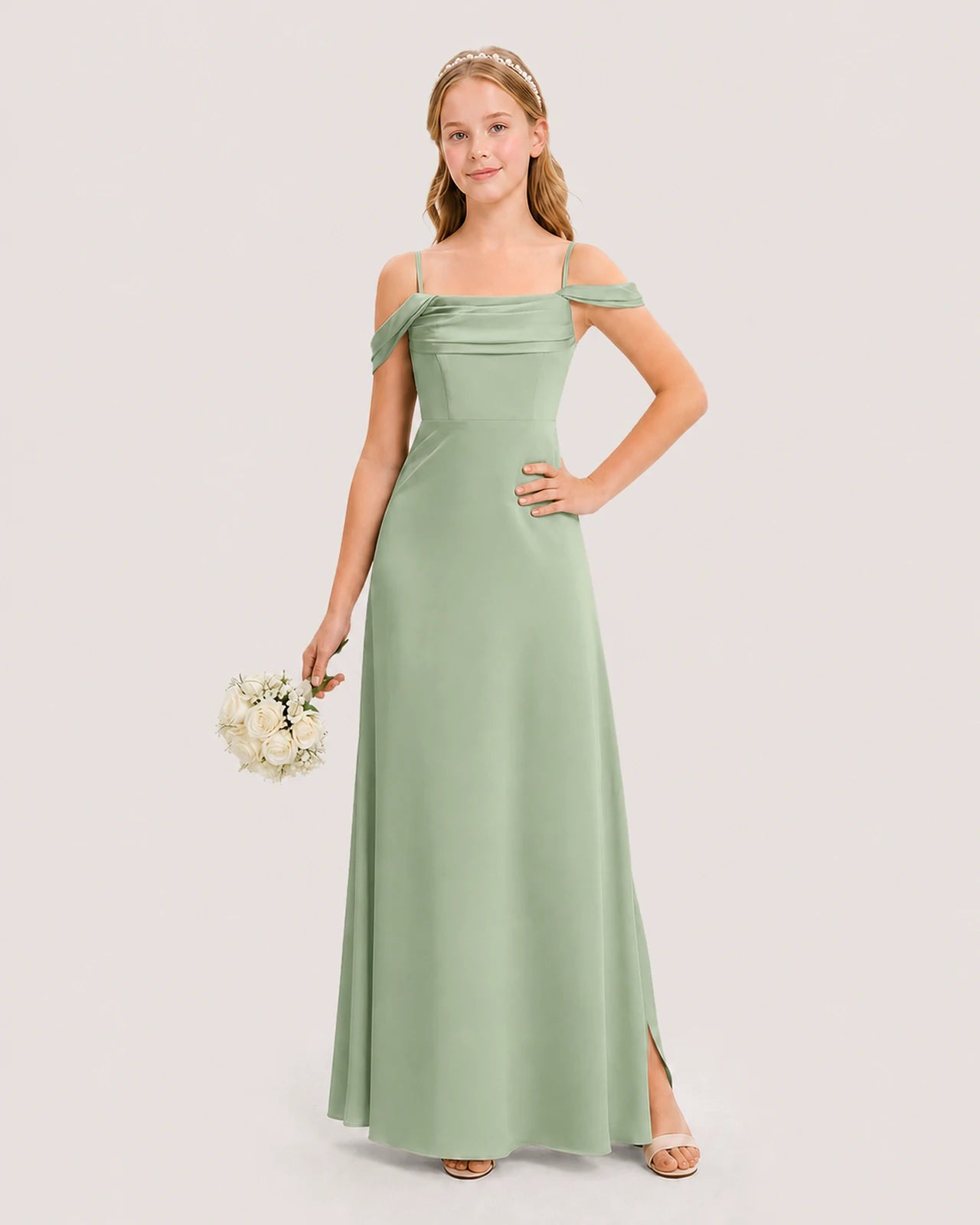 Dideyttawl Off the Shoulder Satin Junior Bridesmaid Dress