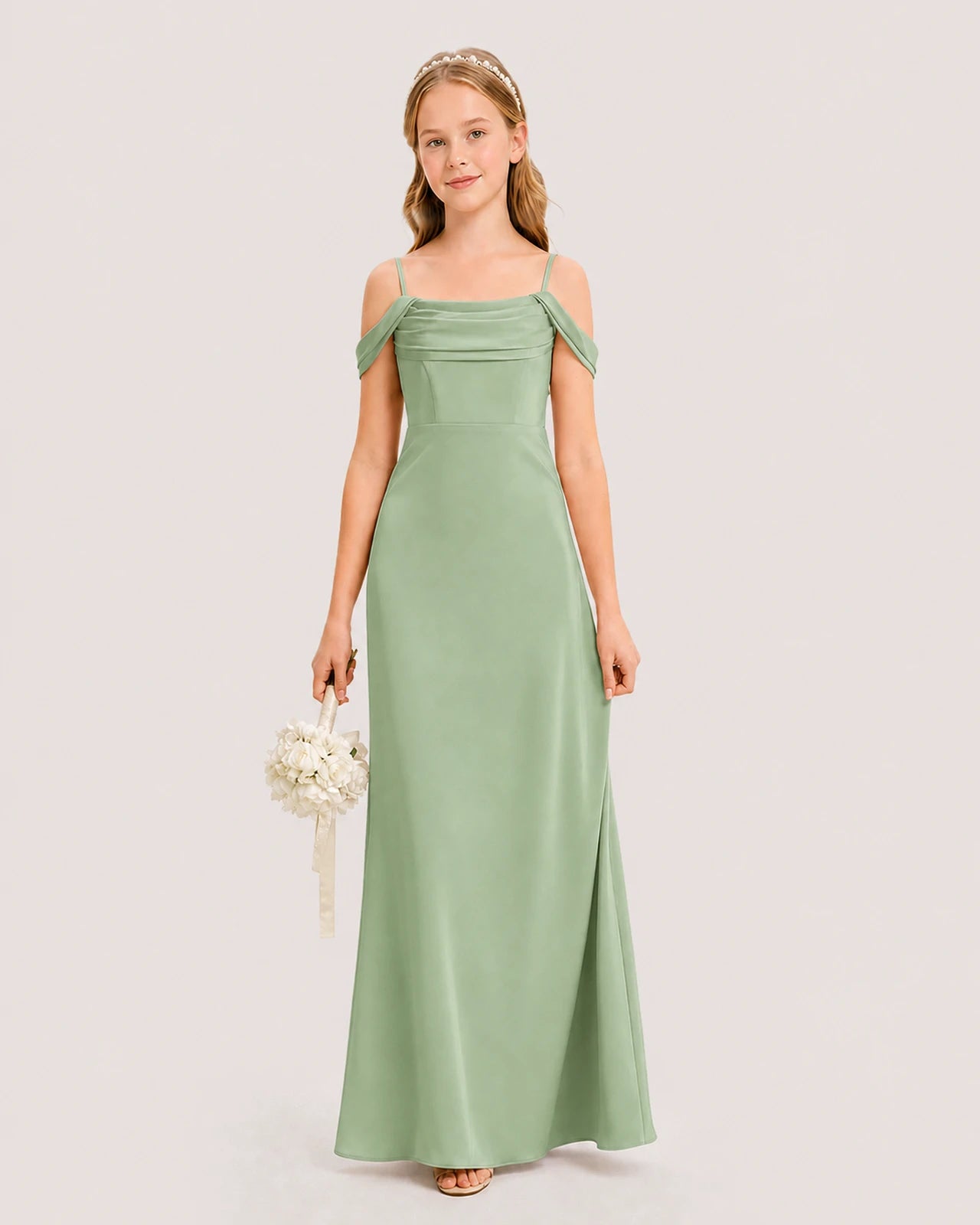 Dideyttawl Off the Shoulder Satin Junior Bridesmaid Dress