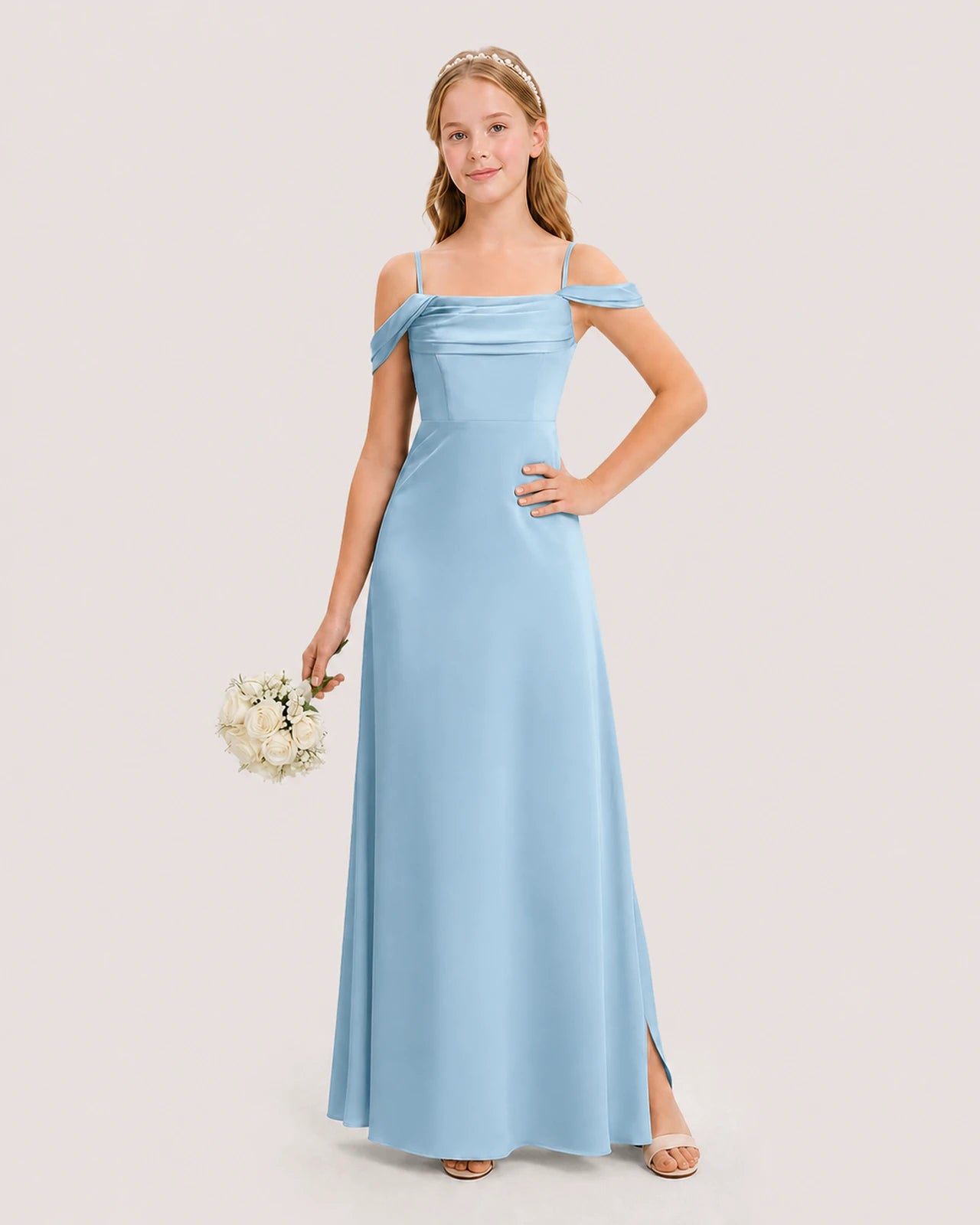 Dideyttawl Off the Shoulder Satin Junior Bridesmaid Dress