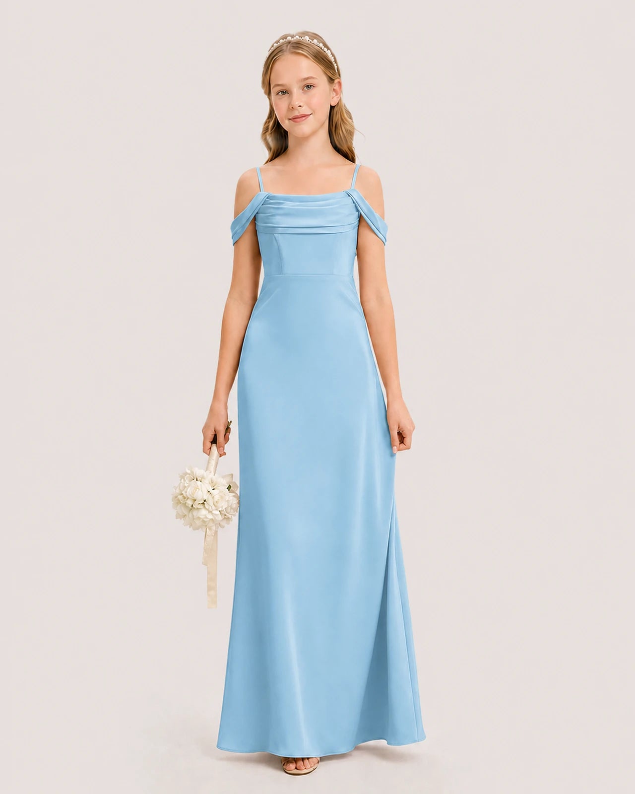 Dideyttawl Off the Shoulder Satin Junior Bridesmaid Dress