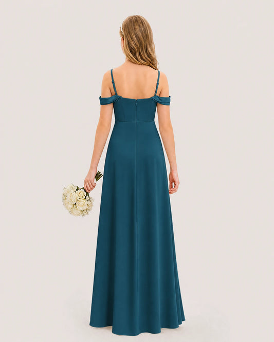 Teal Satin Off-the-shoulder A-line Junior Bridesmaid Dresses Back View