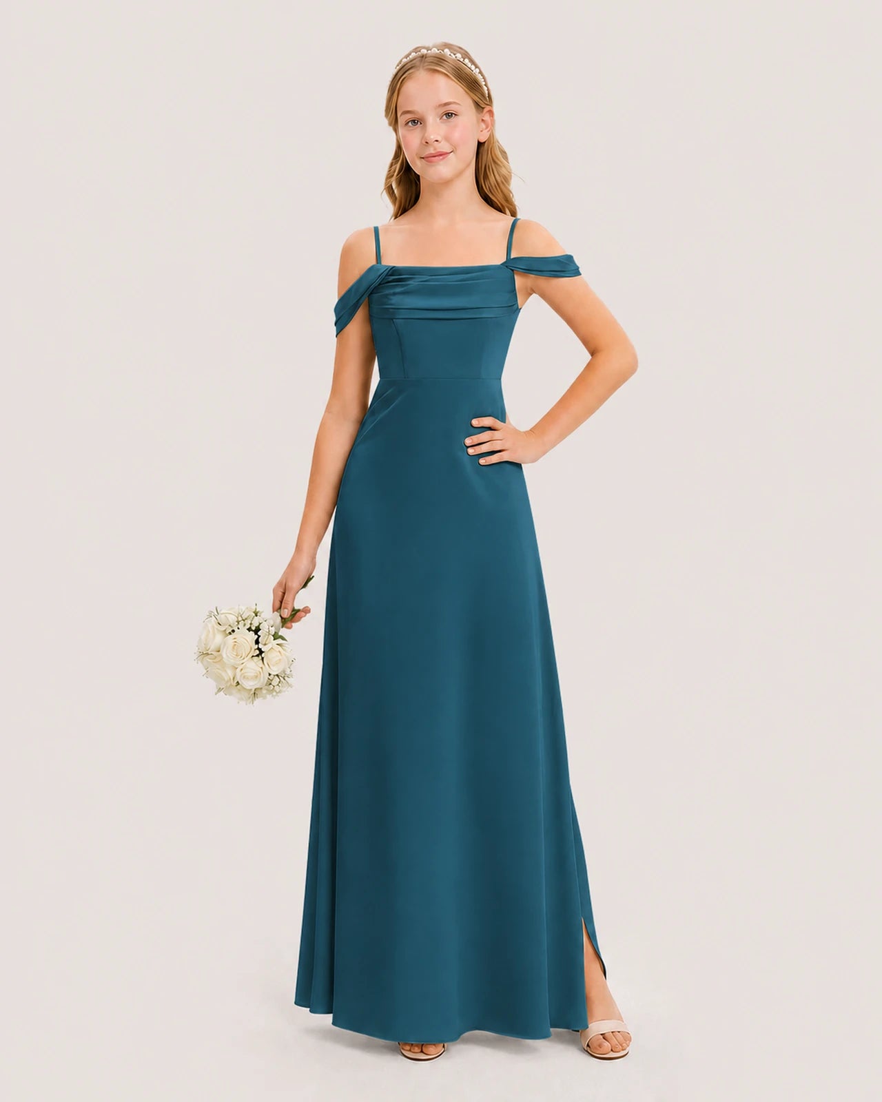 Dideyttawl Off the Shoulder Satin Junior Bridesmaid Dress