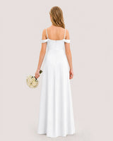 White Satin Cold-Shoulder A-Line Junior Bridesmaid Dresses Back View