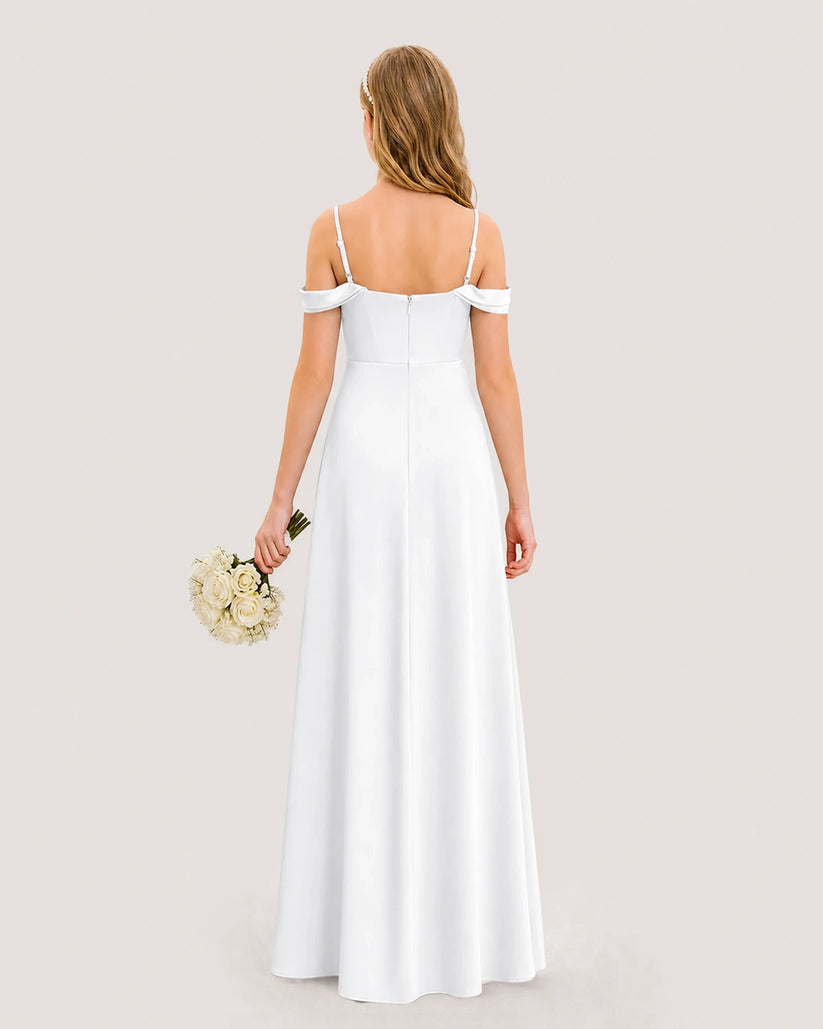 White Satin Cold-Shoulder A-Line Junior Bridesmaid Dresses Back View