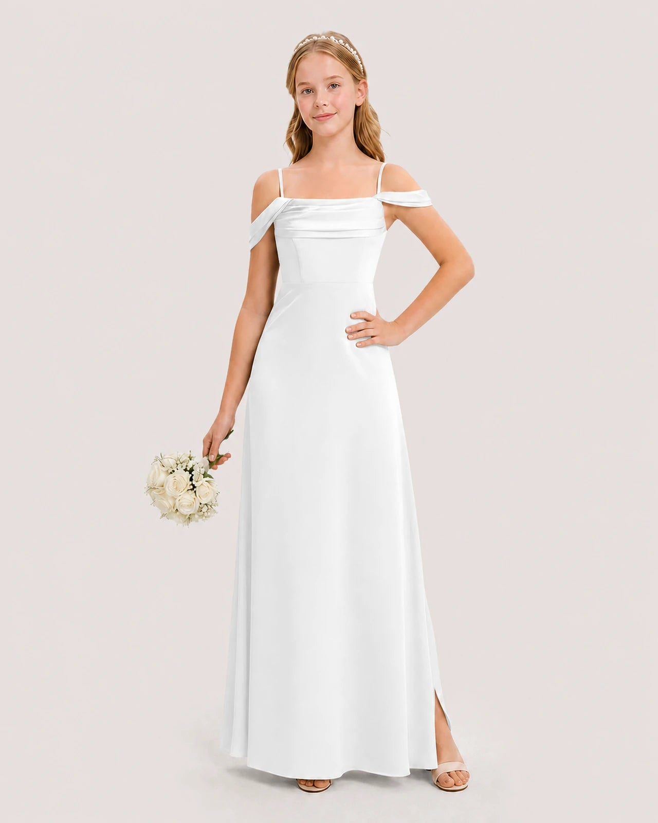 Dideyttawl Off the Shoulder Satin Junior Bridesmaid Dress