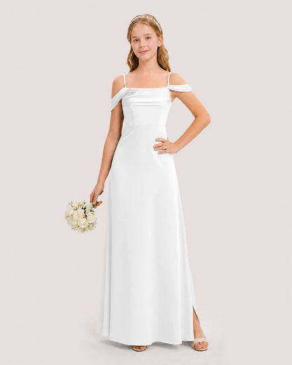Dideyttawl Off the Shoulder Satin Junior Bridesmaid Dress