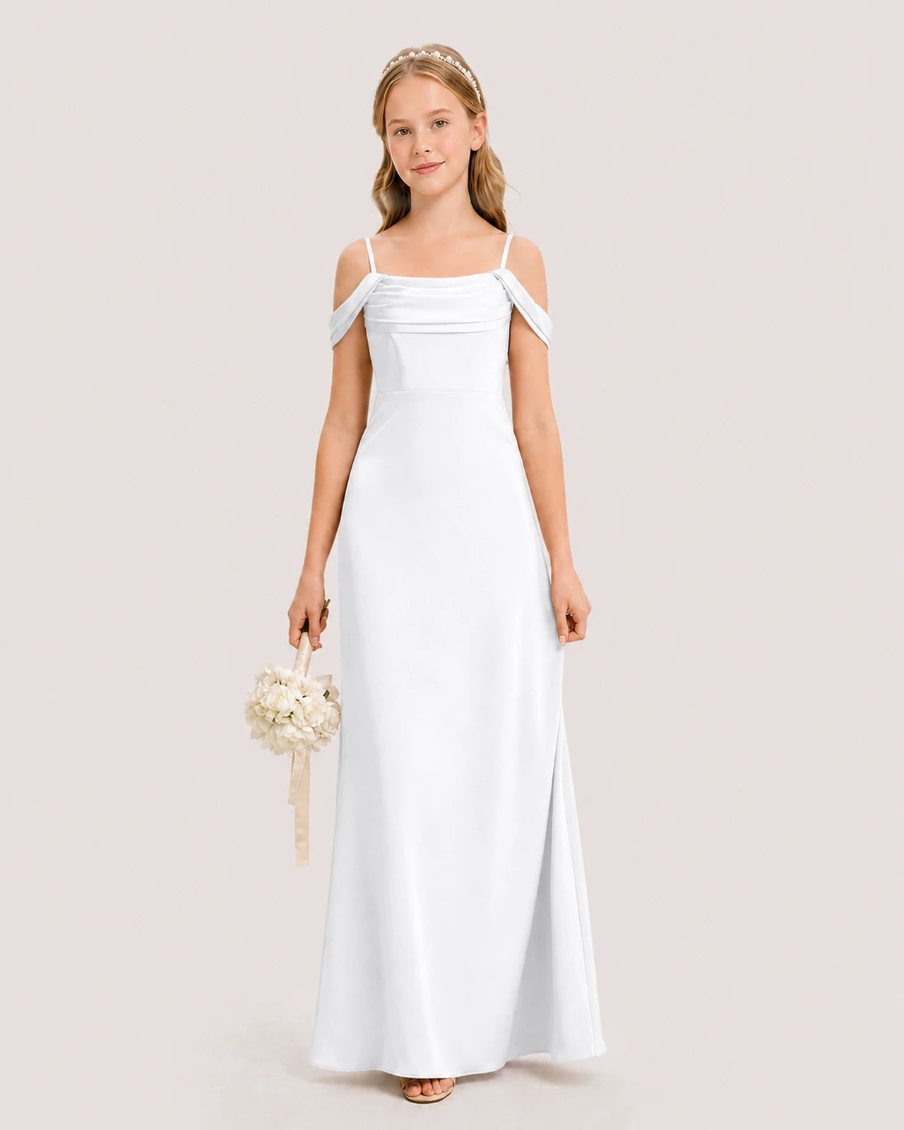 Dideyttawl Off the Shoulder Satin Junior Bridesmaid Dress