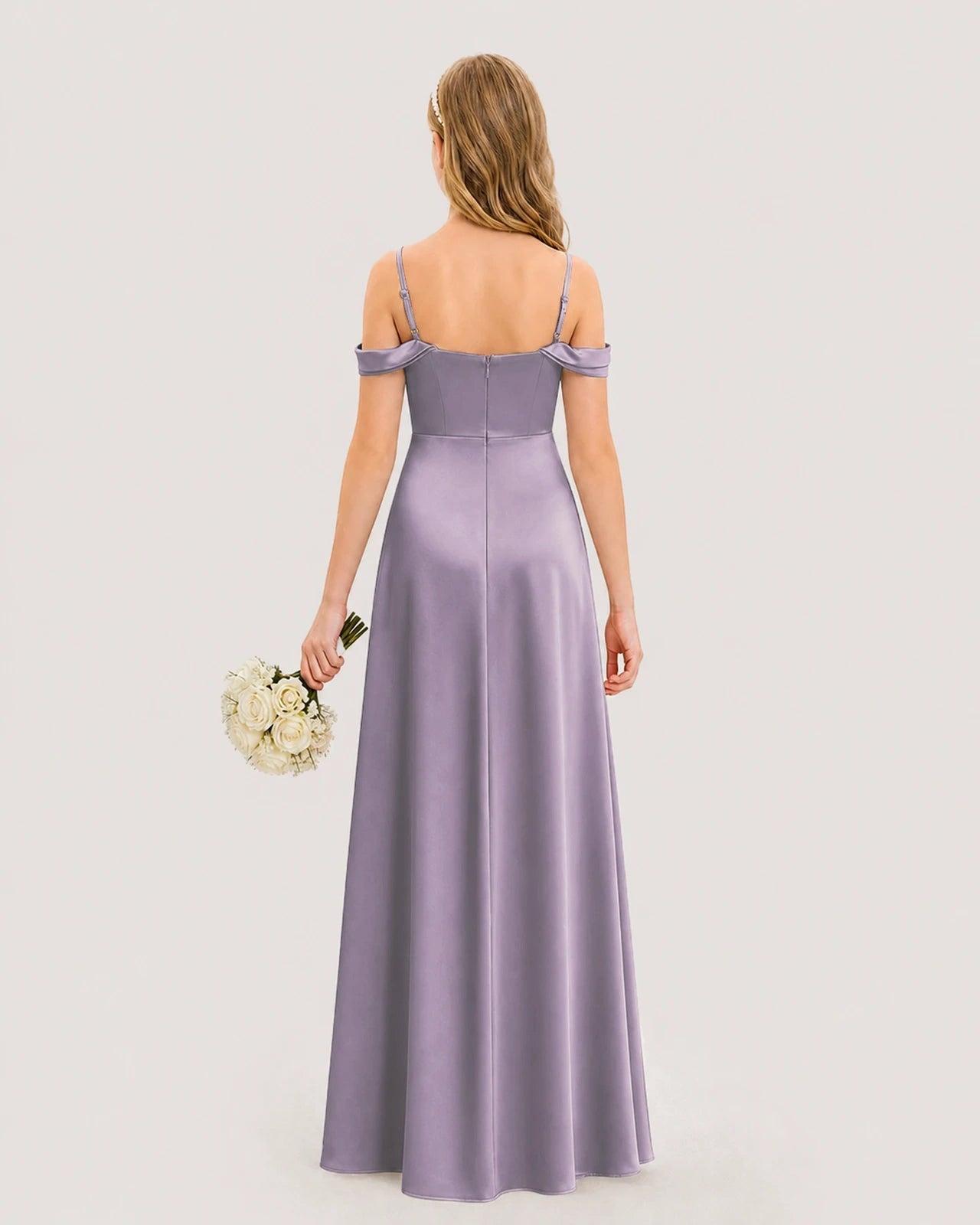 Dideyttawl Off the Shoulder Satin Junior Bridesmaid Dress