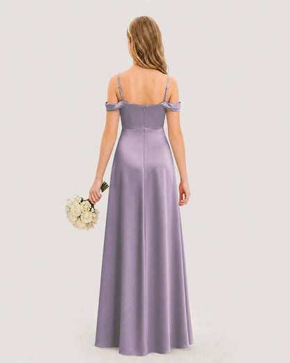 Dideyttawl Off the Shoulder Satin Junior Bridesmaid Dress