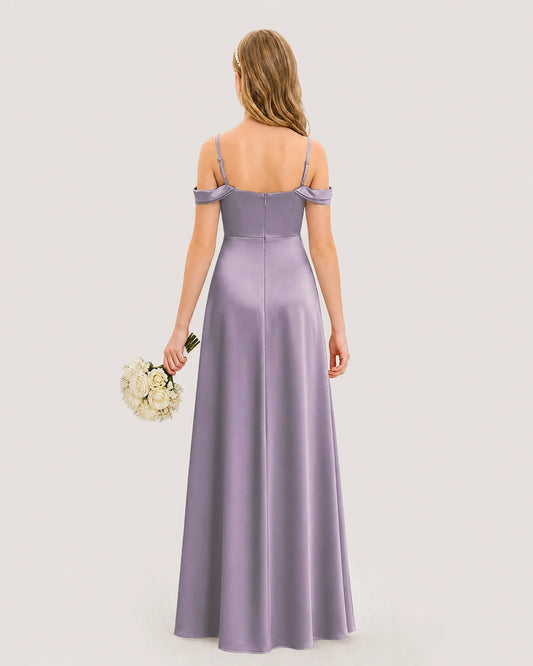 Wisteria Satin Off-The-Shoulder Junior Bridesmaid Dresses Back View