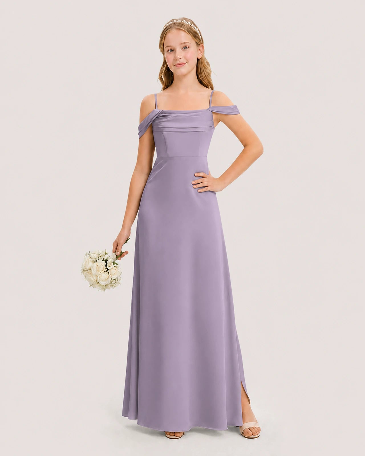 Dideyttawl Off the Shoulder Satin Junior Bridesmaid Dress