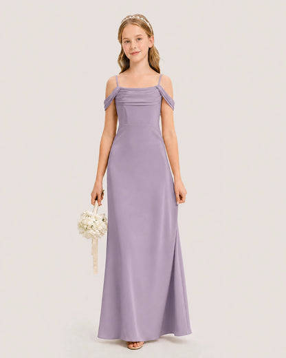 Dideyttawl Off the Shoulder Satin Junior Bridesmaid Dress