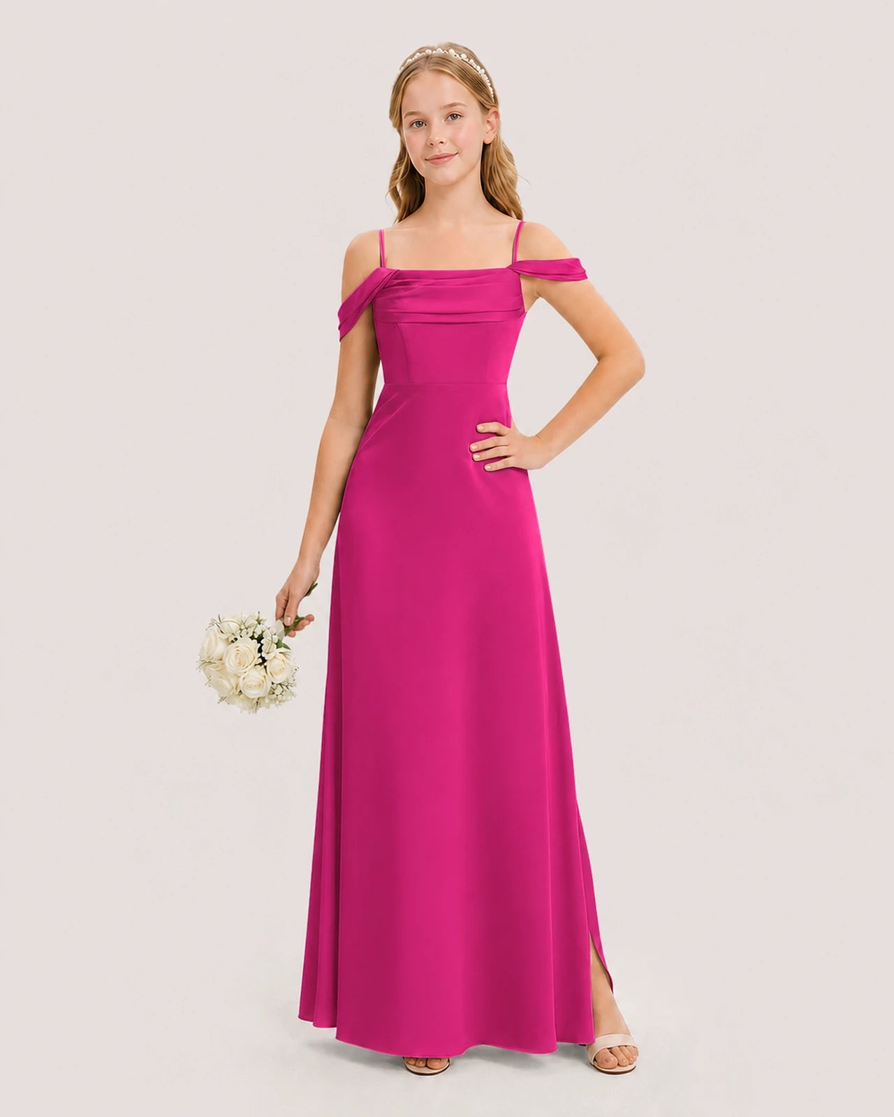 Dideyttawl Off the Shoulder Satin Junior Bridesmaid Dress