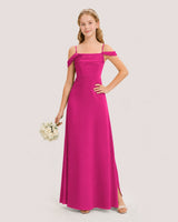 Hot pink satin cold-shoulder junior bridesmaid dress Front View