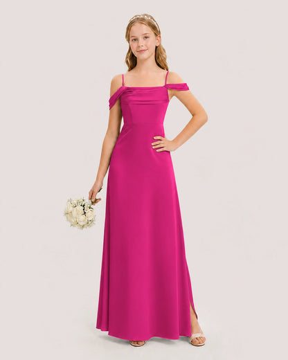 Dideyttawl Off the Shoulder Satin Junior Bridesmaid Dress
