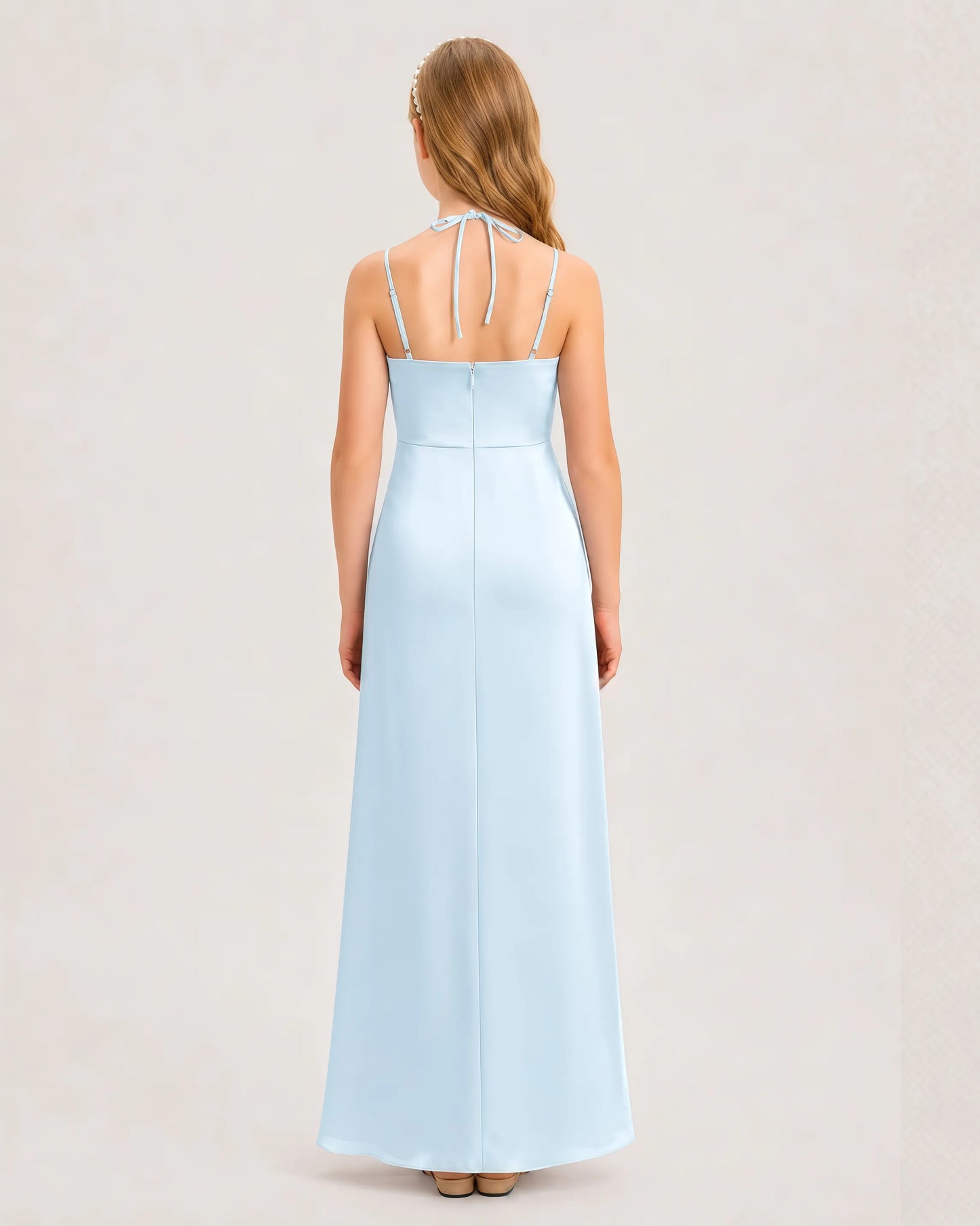 Dideyttawl Halter Neck Ruched Satin Junior Bridesmaid Dress