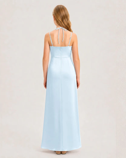 Dideyttawl Halter Neck Ruched Satin Junior Bridesmaid Dress