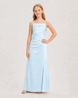 Baby Blue Satin Ruched Halter Junior Bridesmaid Dresses Front View