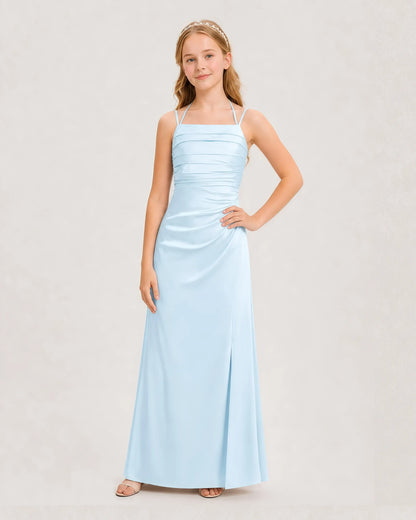 Dideyttawl Ruched Satin Halter Neck Junior Bridesmaid Dress with Side Slit