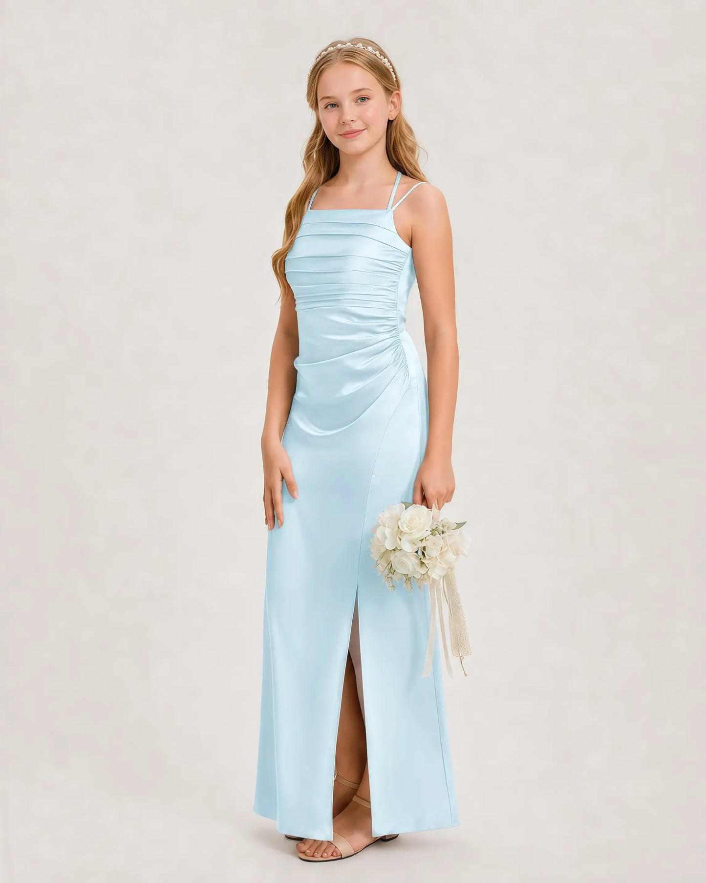Dideyttawl Ruched Satin Halter Neck Junior Bridesmaid Dress with Side Slit