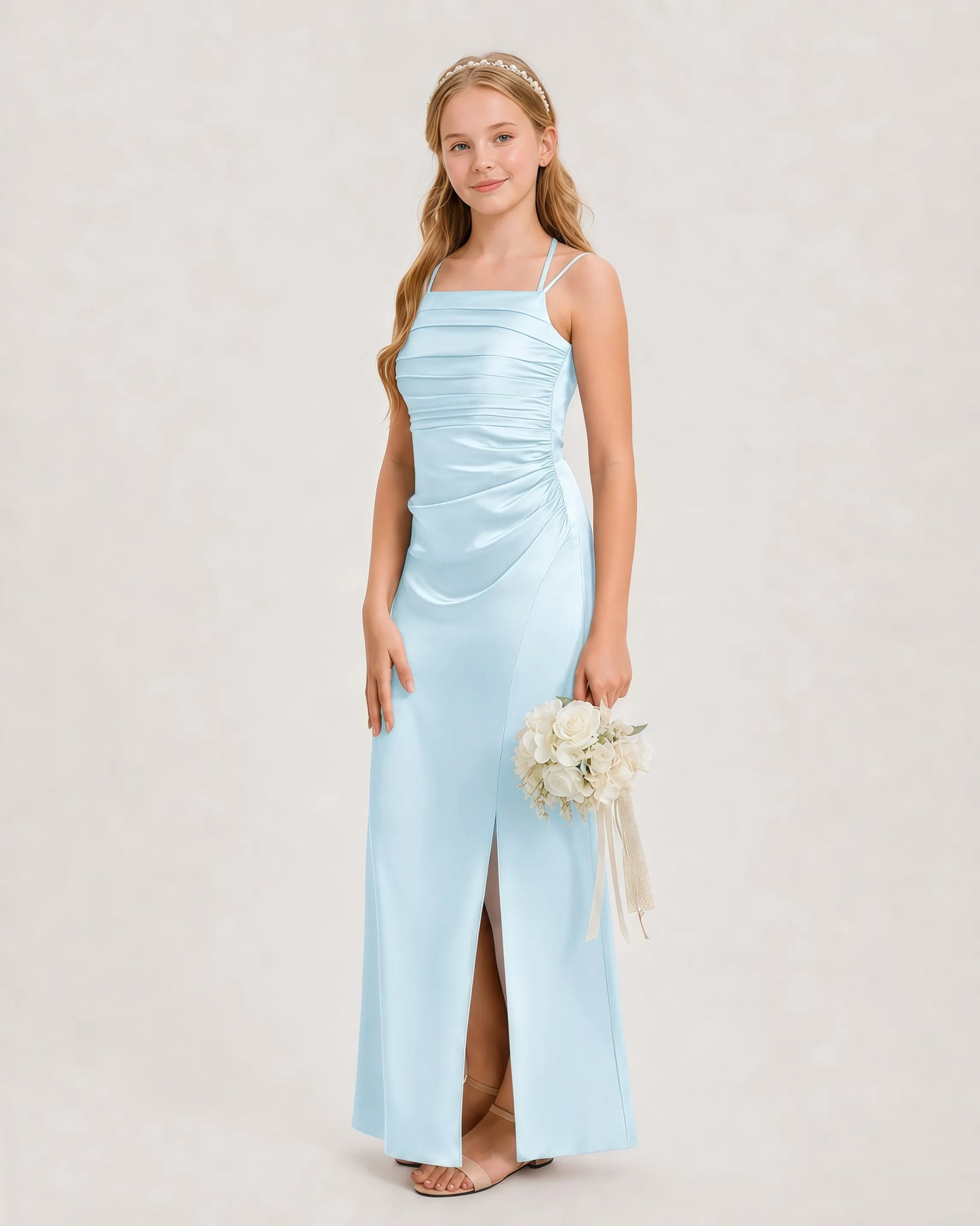 Dideyttawl Halter Neck Ruched Satin Junior Bridesmaid Dress
