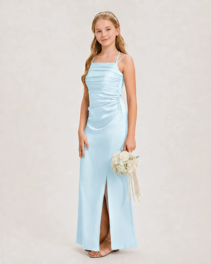 Dideyttawl Halter Neck Ruched Satin Junior Bridesmaid Dress
