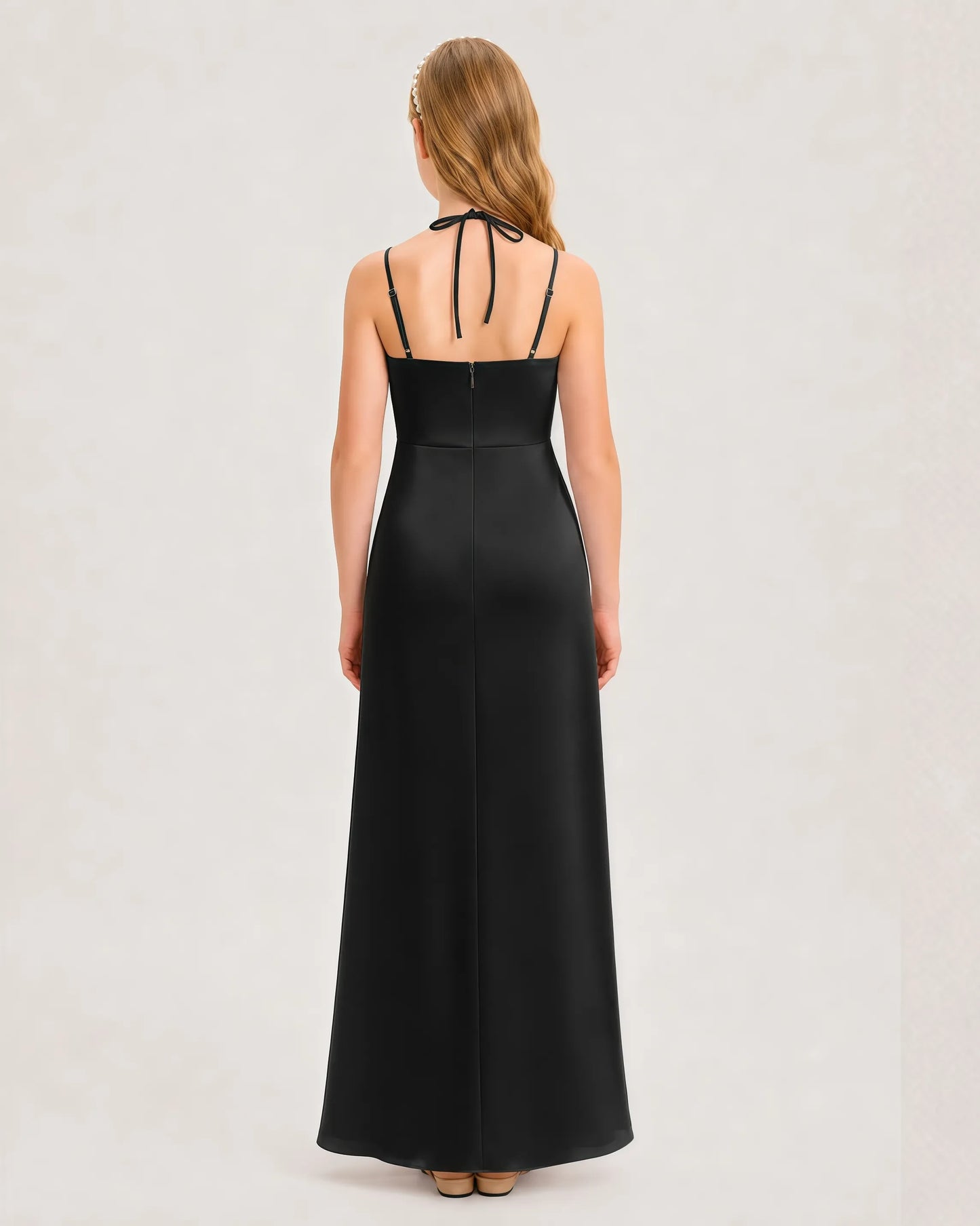 Dideyttawl Ruched Satin Halter Neck Junior Bridesmaid Dress with Side Slit