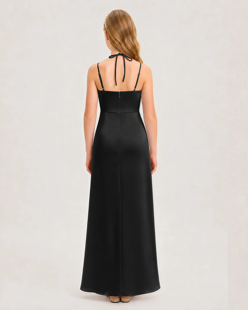 Black Satin Halter A-Line Junior Bridesmaid Dresses Back View