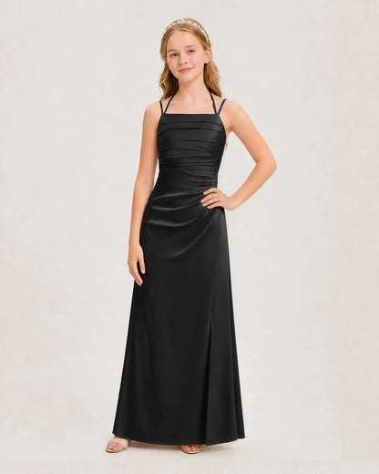 Dideyttawl Ruched Satin Halter Neck Junior Bridesmaid Dress with Side Slit