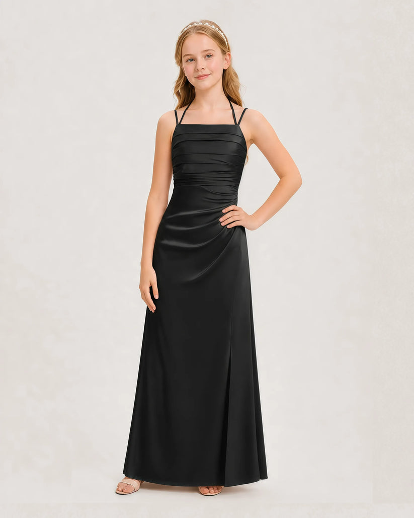 Black Satin Ruched A-Line Junior Bridesmaid Dresses Front View