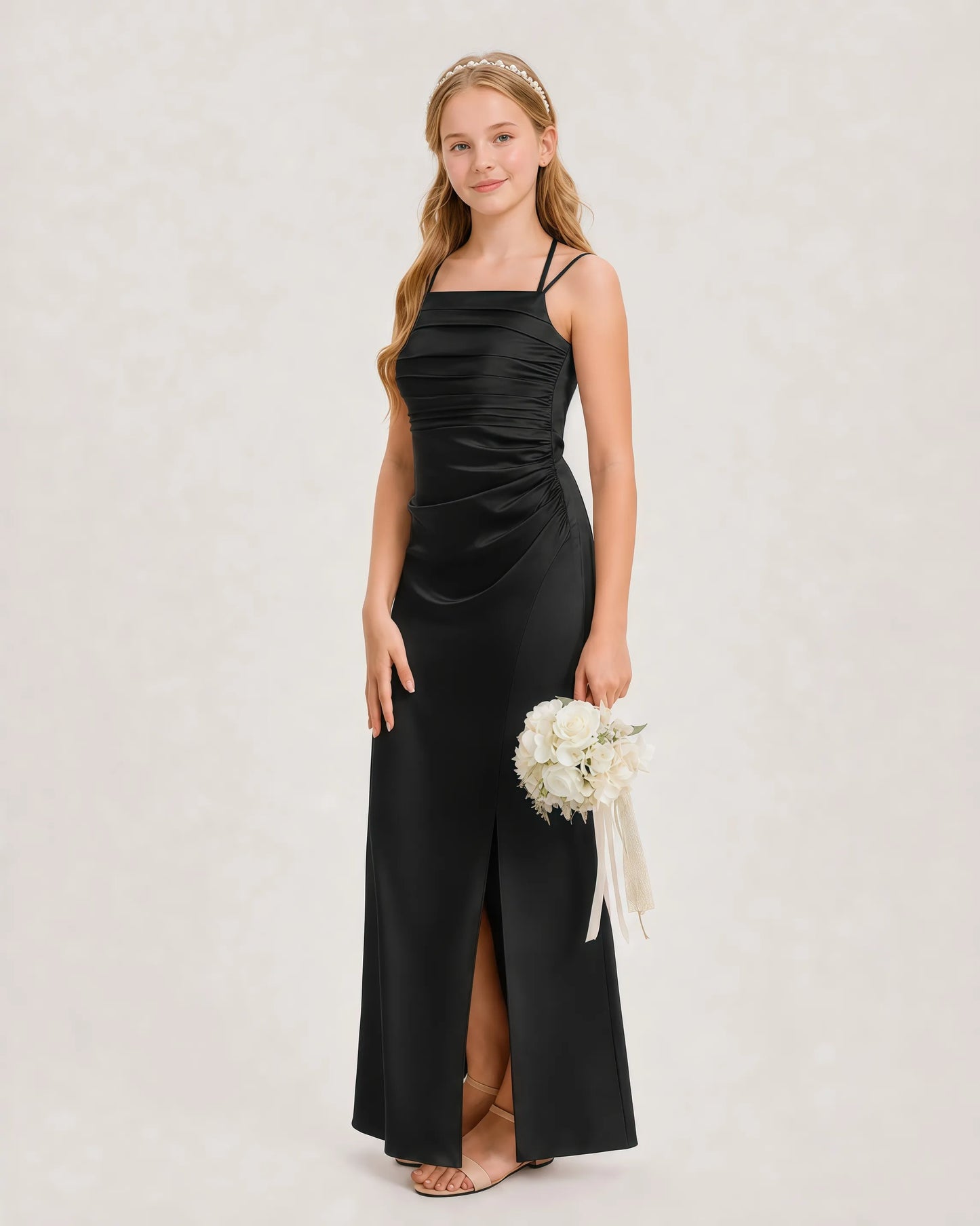 Dideyttawl Halter Neck Ruched Satin Junior Bridesmaid Dress