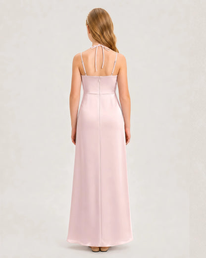 Dideyttawl Ruched Satin Halter Neck Junior Bridesmaid Dress with Side Slit