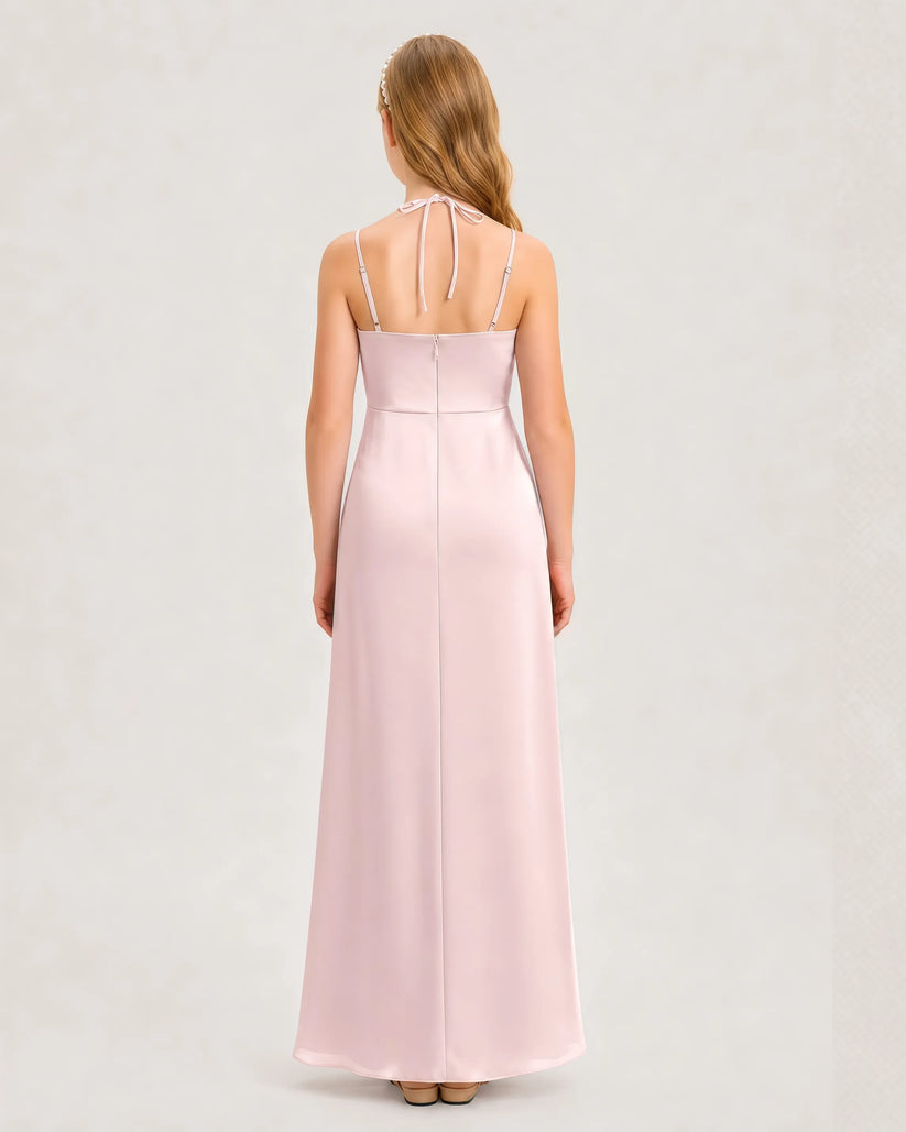 Blush Pink Satin Halter Junior Bridesmaid Dresses Back View