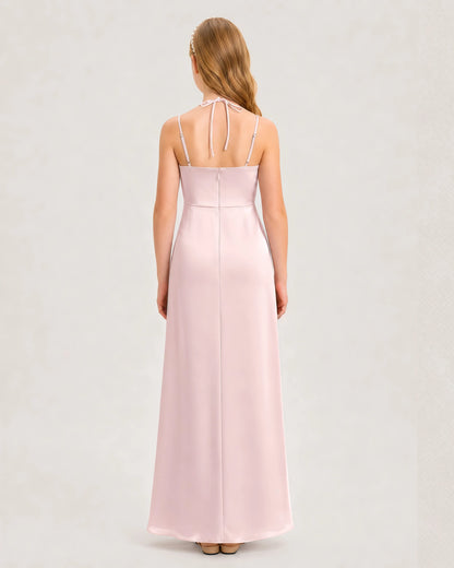 Dideyttawl Halter Neck Ruched Satin Junior Bridesmaid Dress