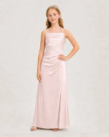 Blush Pink Satin Pleated Junior Bridesmaid Dresses Front View