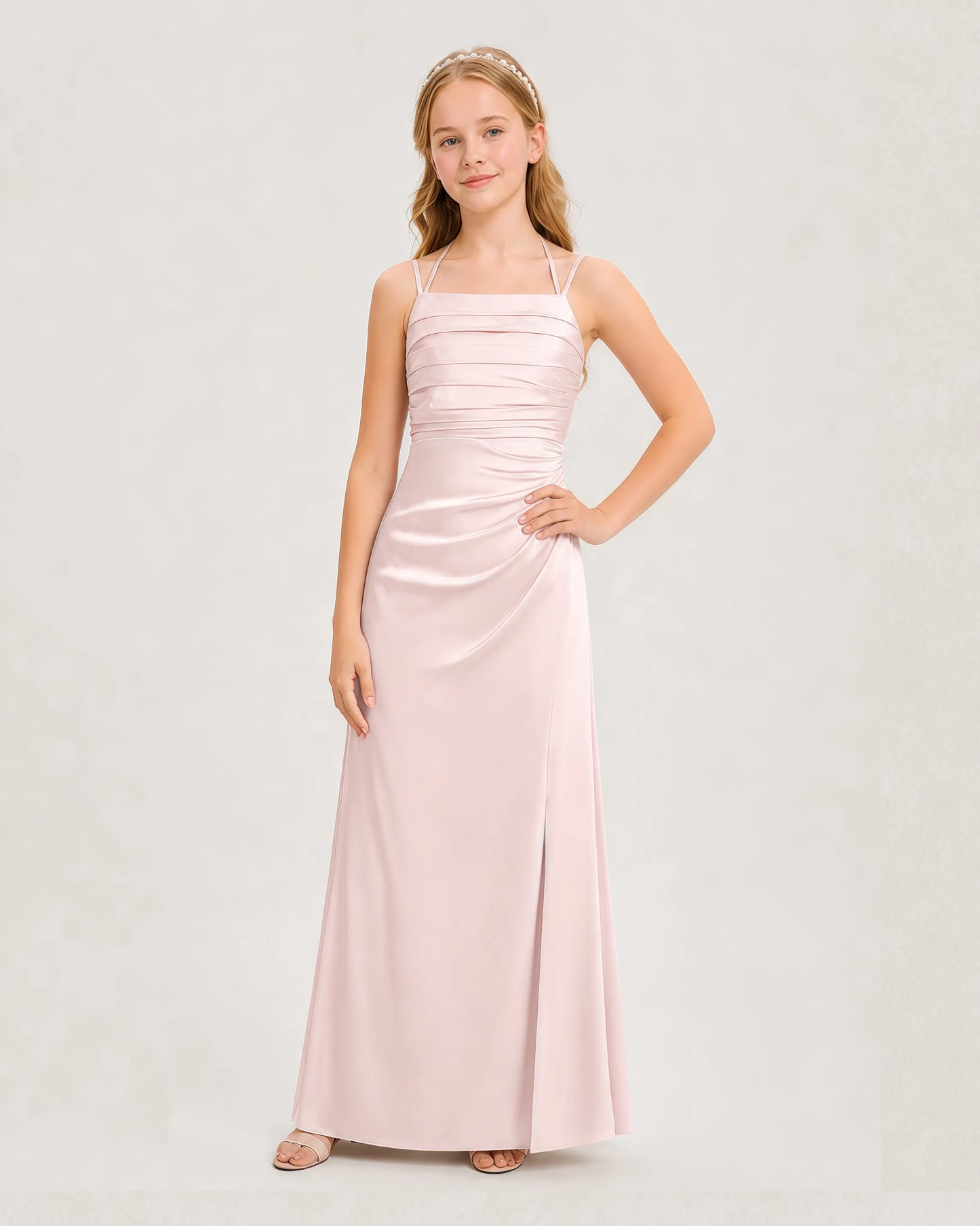 Dideyttawl Halter Neck Ruched Satin Junior Bridesmaid Dress