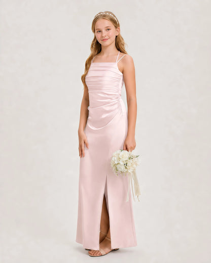 Dideyttawl Halter Neck Ruched Satin Junior Bridesmaid Dress